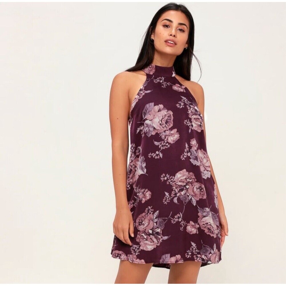 Lulu’s Darling Dearest Blush Purple Plum‎ Floral Print Swing Dress Size XS NWT